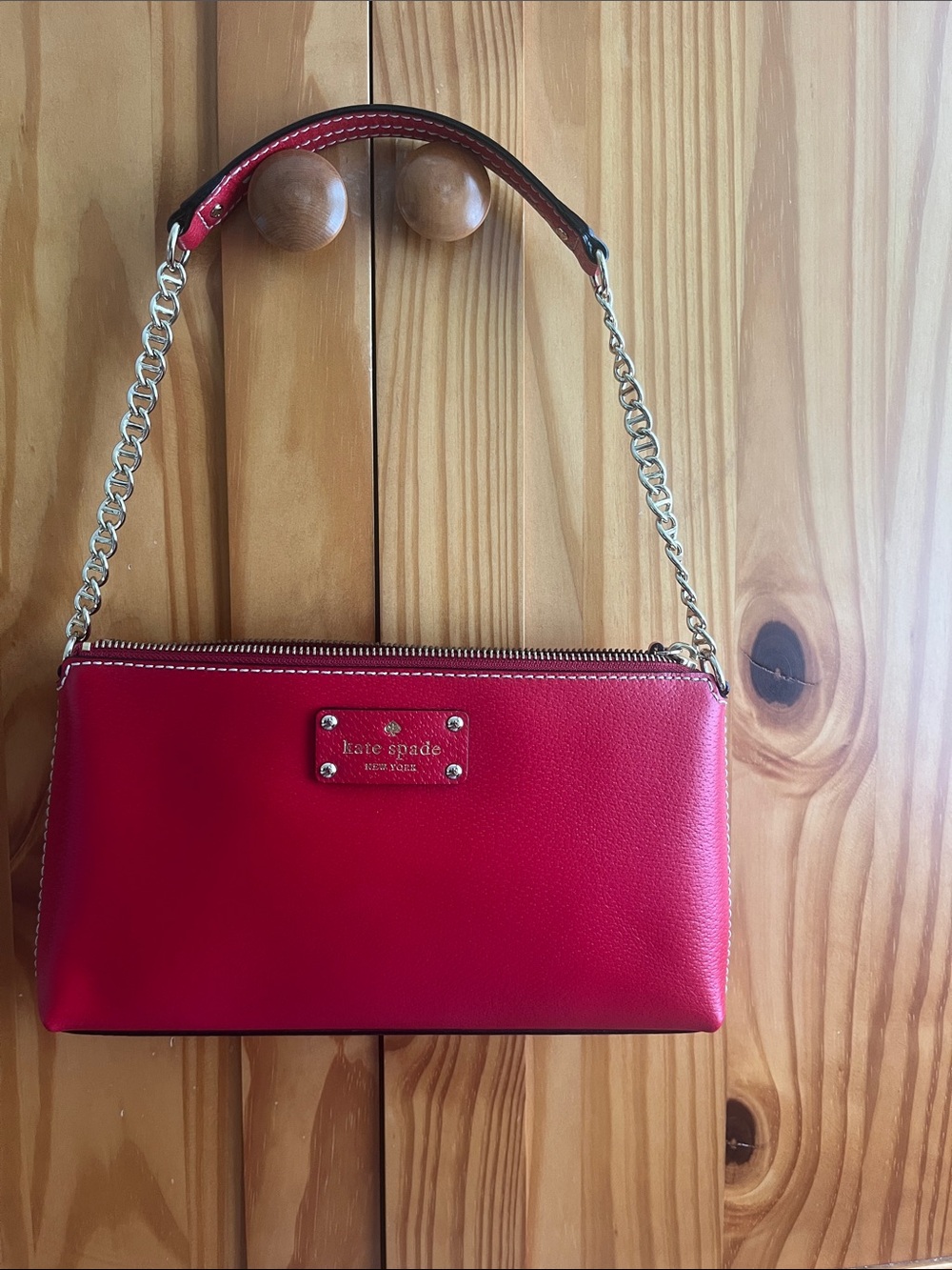 kate spade Red Leather Wristlet Clutch with Gold Chain